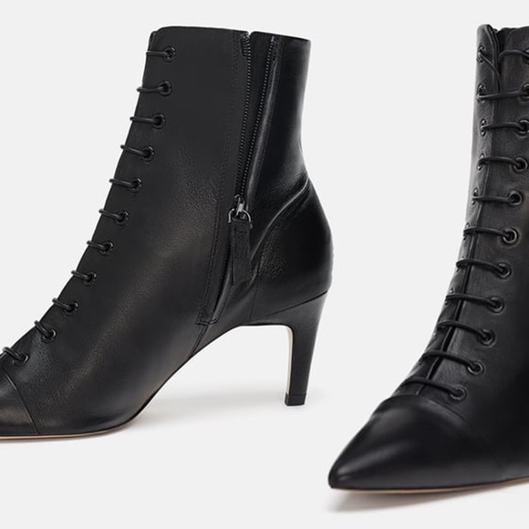 🚫SOLD🚫 Zara Leather Lace-Up Mid-Heel Ankle Boots - Picture 5 of 8